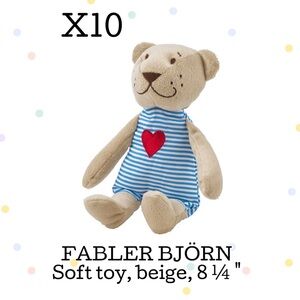 10 Plush Beige Bear Toy with Blue Striped Outfit and Red Heart